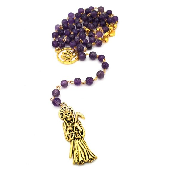 Handmade Amethyst Santa Muerte Rosary - Holy Death Amulet - Natural Stone Beads - Picture 4 of 10